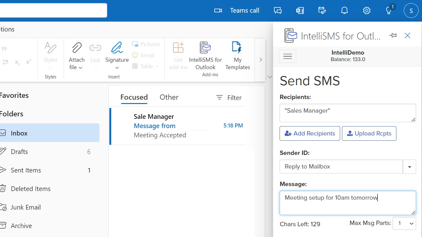 Send SMS from Outlook using Outlook Addin